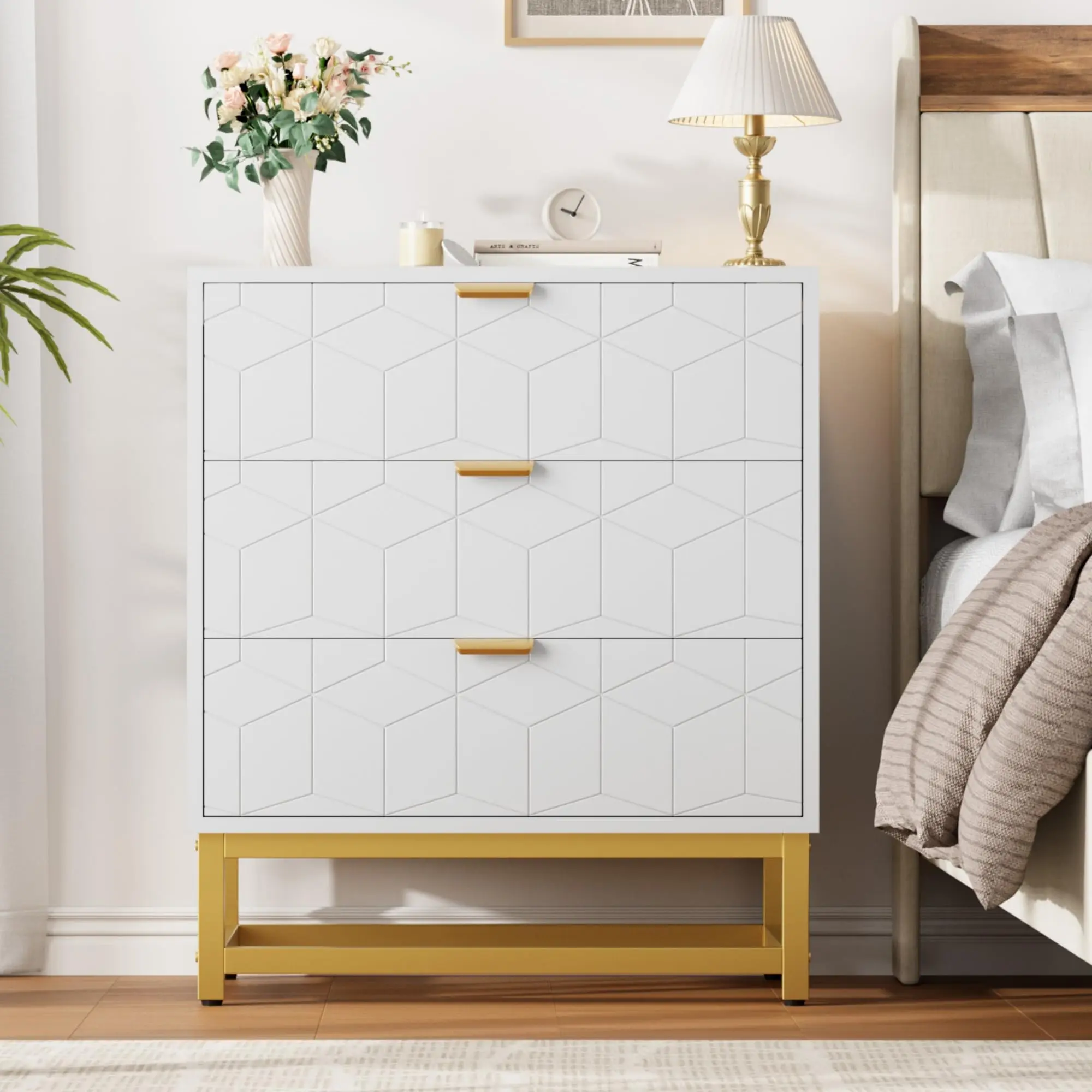 Spacious 3-Drawer Wooden Storage Cabinet, Modern Wide Chest with Gold Metal Handles and Legs, Multipurpose Organizer for Entryway Bedroom Living Room Closet Foyer