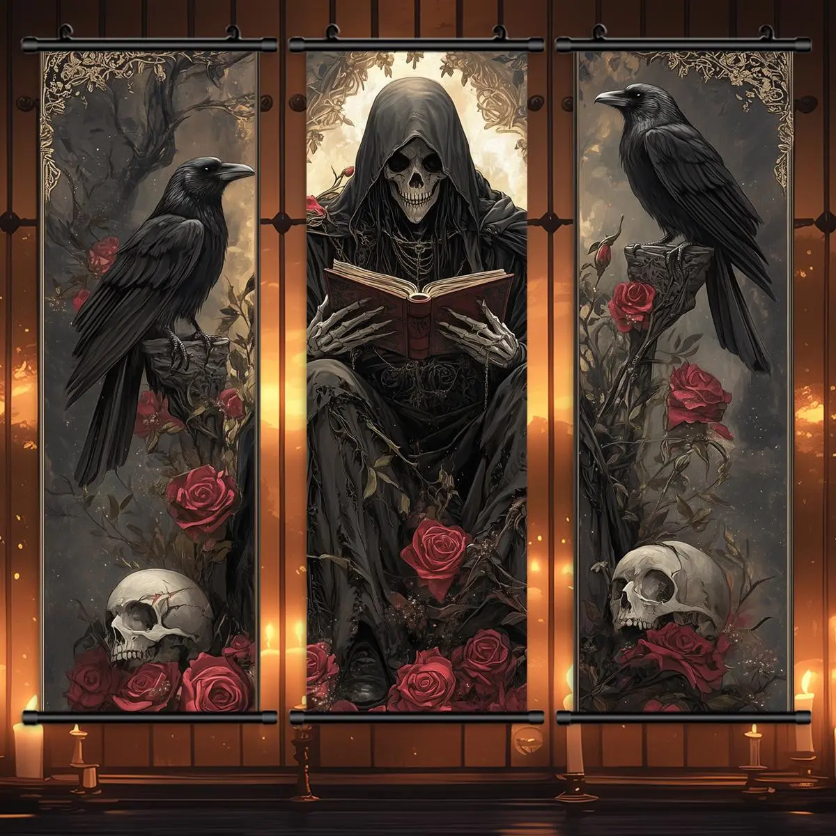 Vintage Skull & Crow Pattern Wall Art, Art Work For Wall Decor, Gothic Print Pattern, Graphic Prints, Skull Rose Pattern, 3 Counts/set Halloween Hanging Banner, Scary Posters, Spooky Halloween Decorations, Gift for Friend, Artistic, Decoration Items