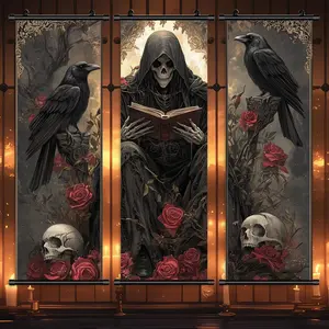 Vintage Skull & Crow Pattern Wall Art, 3 Counts/set Halloween Hanging Banner, Scary Posters, Halloween Decorations, Gift for Friend