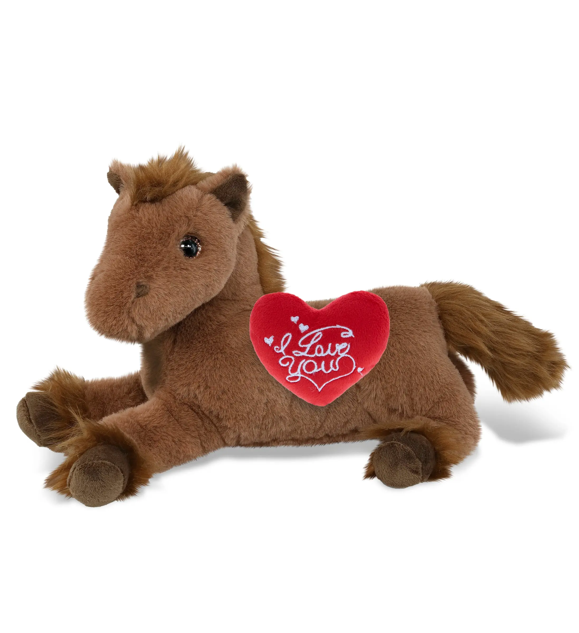 DOLLIBU Super-Soft Polyester Stuffed Animal - 10" Laying Brown Horse with Red "I Love You" Heart, Cute Horse Design, Cuddly Huggable Soft Adorable Stuffed Kids' Toy, Stuffedanimals
