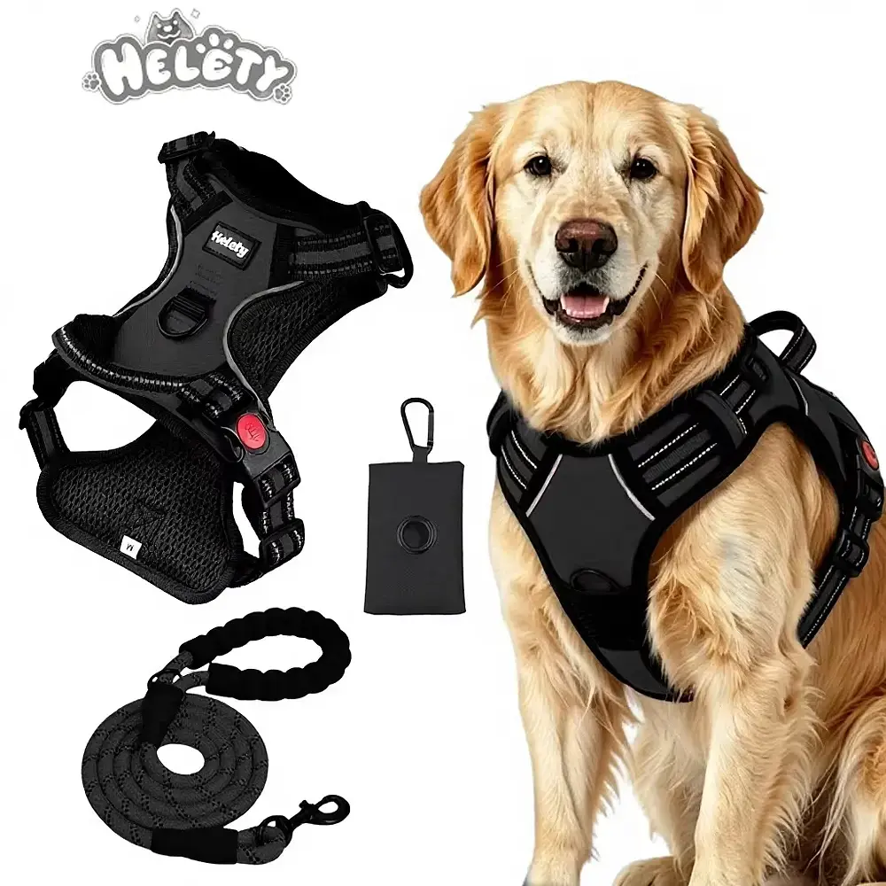 HELETY 3-In-1 No-Pull Dog Vest Harness Set for Medium-Large Dogs - Black Heavy-Duty Reflective Oxford Belt with Anti-Escape Lock, Adjustable, Includes Poop Bag Holder & Airtag Compatibility for Safe Outdoor Walking Night Walk Coyote Proof Doggood Car Seat