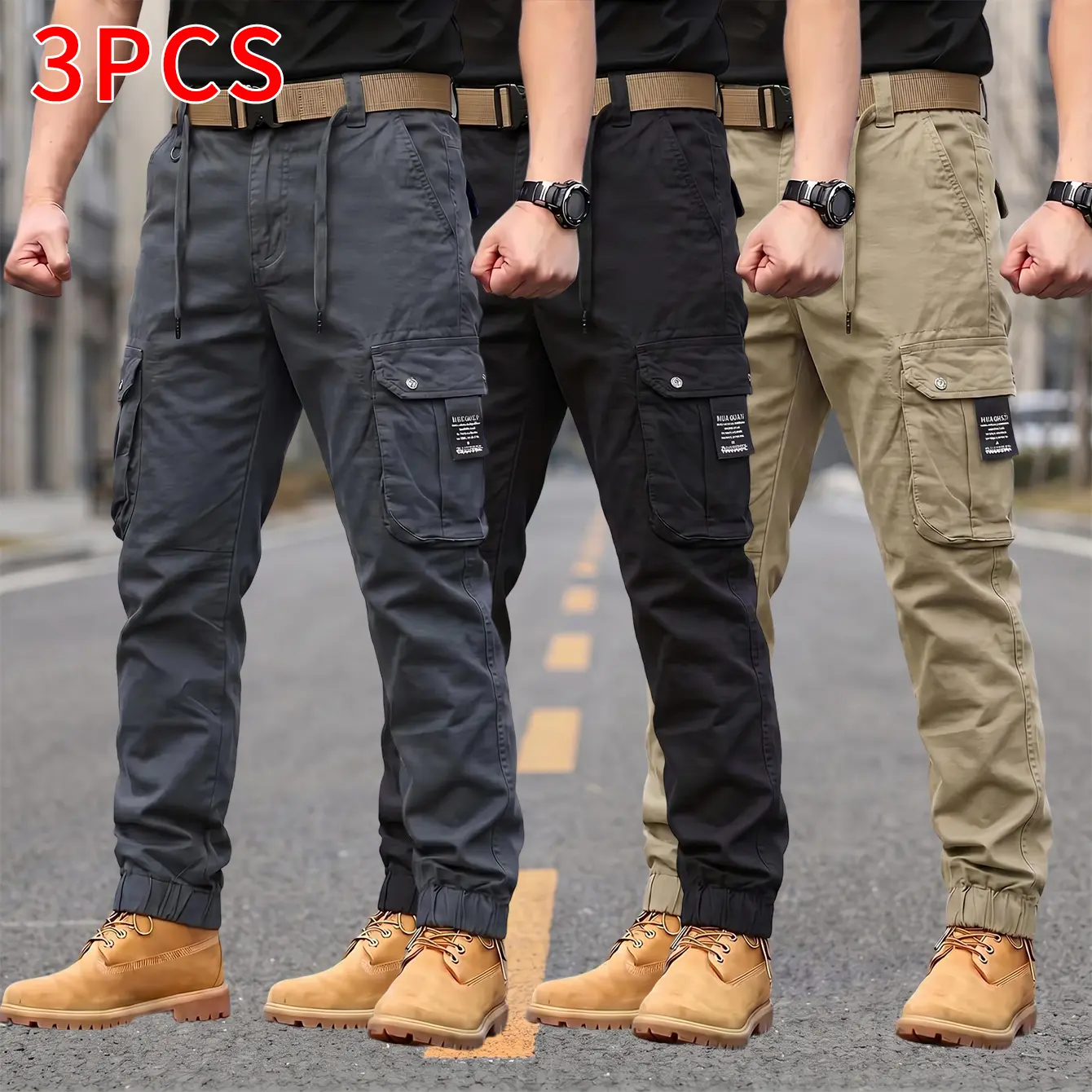 American vintage cargo jogger pants three-piece set, featuring large 3D pockets; men’s slim-fit, slimming casual long pants