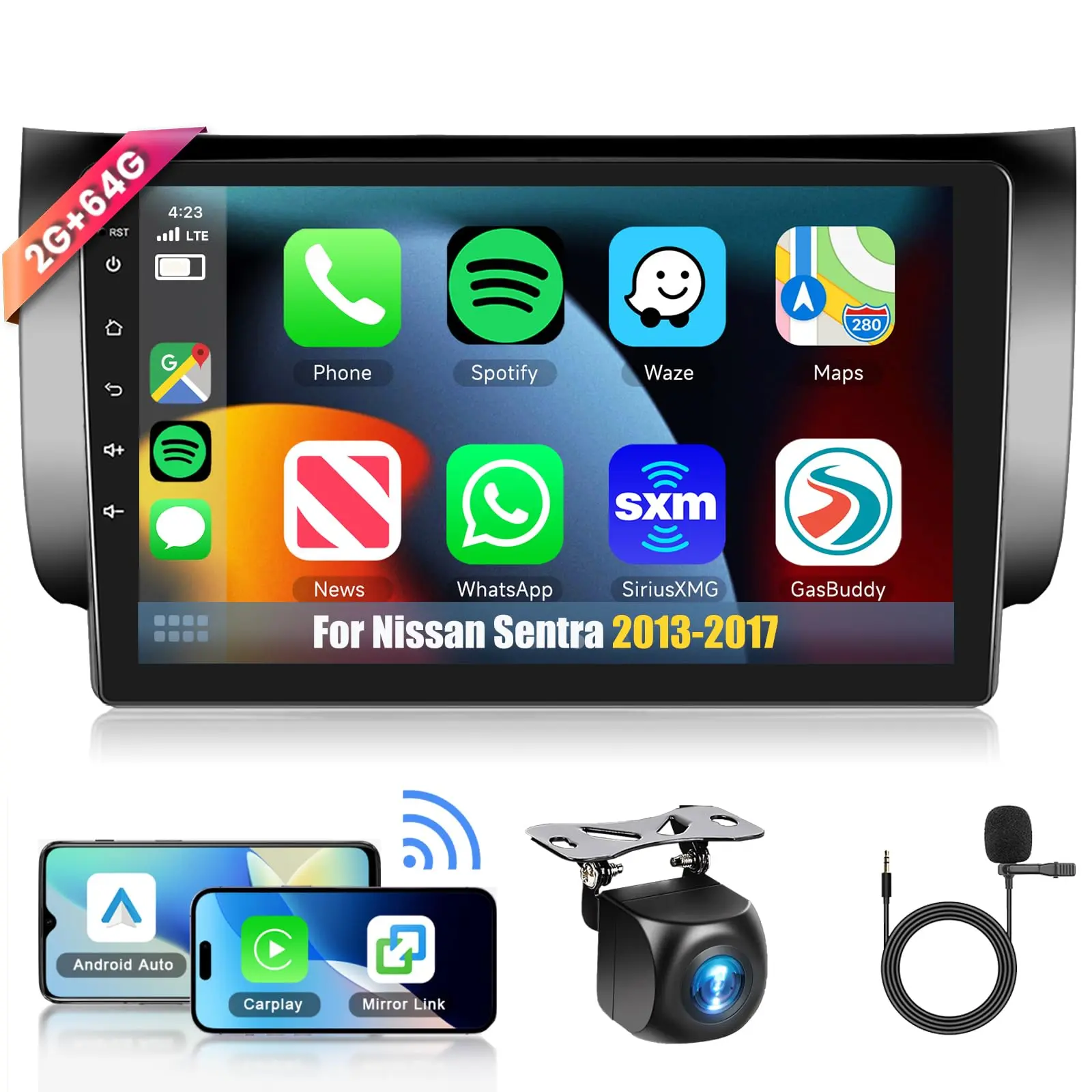 10.1 in 2+64G Android Car Stereo Touchscreen Car Radio for Nissan Sentra 2013-2017, Carplay Touchscreen with GPS Navigation, Wireless Android Auto, WiFi, Bluetooth, FM/RDS, Mirror Link, SWC, Backup Camera