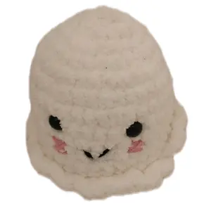 Small Crochet Ghost Figurine - Adorable White Plush with Black Eyes and Pink Cheeks for Halloween Decor