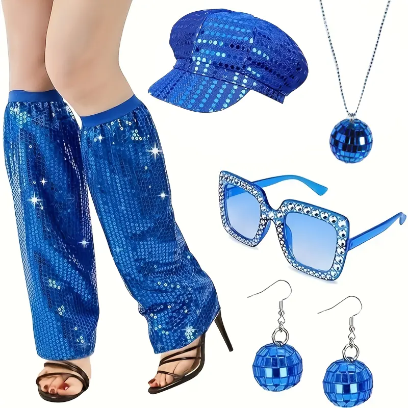 7pcs 70s Disco Accessories, 70s Fancy Dress Women's Accessories, Sequin Hat Stand, Glitter Fashion Glasses, Earrings, Leggings, Women's Disco Costume Set, Vintage 70s Theme Party Hippie Costume