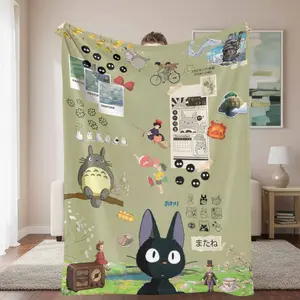 Studio Ghibli Inspired Cartoon Characters Flannel Blanket， Vintage Anime Pattern， Soft Warm Cozy Lightweight， Perfect for Bedroom Living Room Sofa Travel Gift Home Decoration