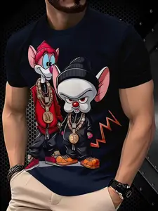 Cool Cartoon Mouse Print Graphic Tees T-Shirt Men's Trendy Short Sleeve Summer Fashion Streetwear Hip-Hop Style Casual Long Fitted Top Menswear
