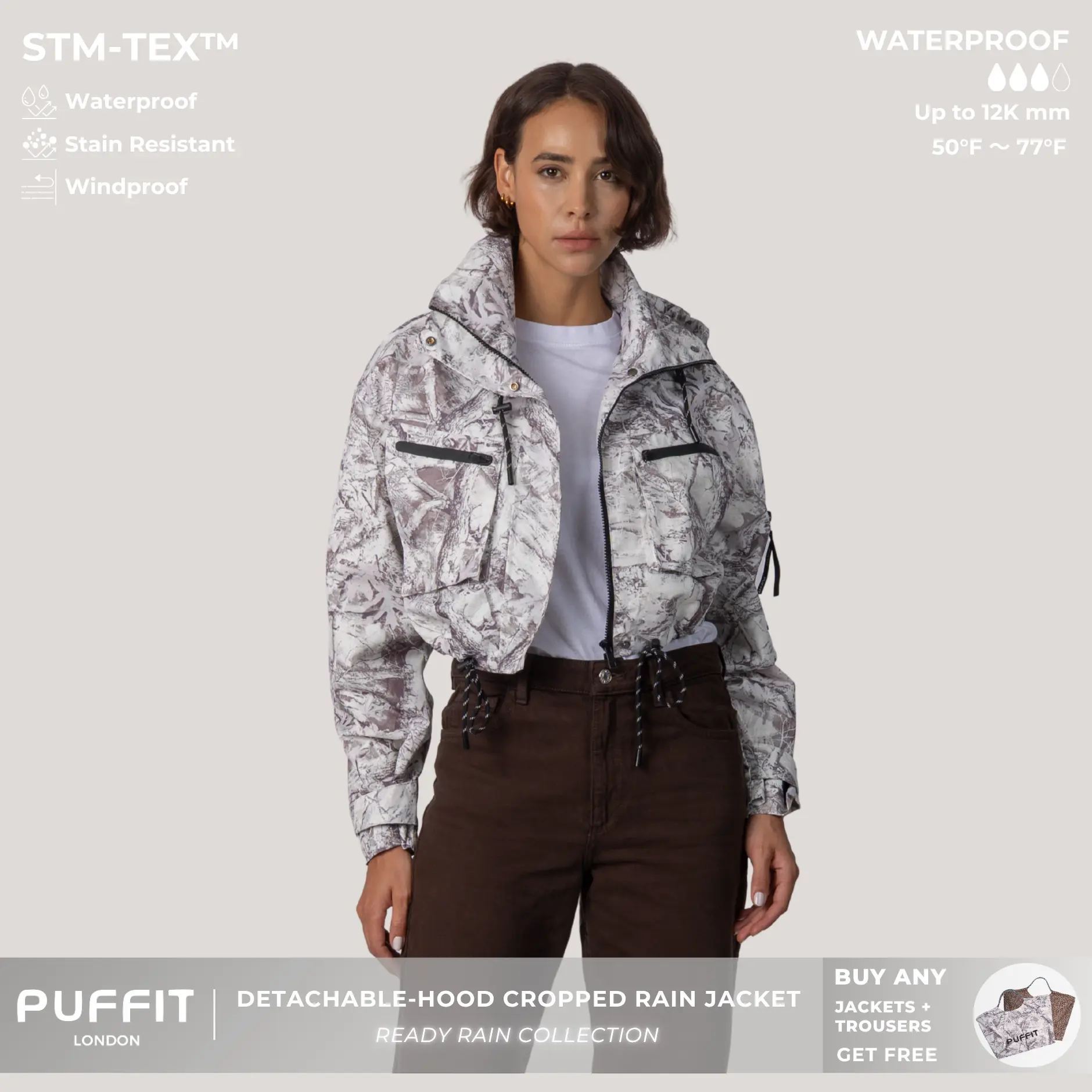 PUFFIT STM-TEX Elevated Cropped Detachable-hood Rain Jacket With Drawstring Hem,WaterProof,Stain Resistant,Windproof,Women's Rain Jacket,Breathable Stylish,Inner Pocket Design,Outdoor Sport,Windbreaker,School Running,Womenswear,,Fall,Winter,2026 Shopping