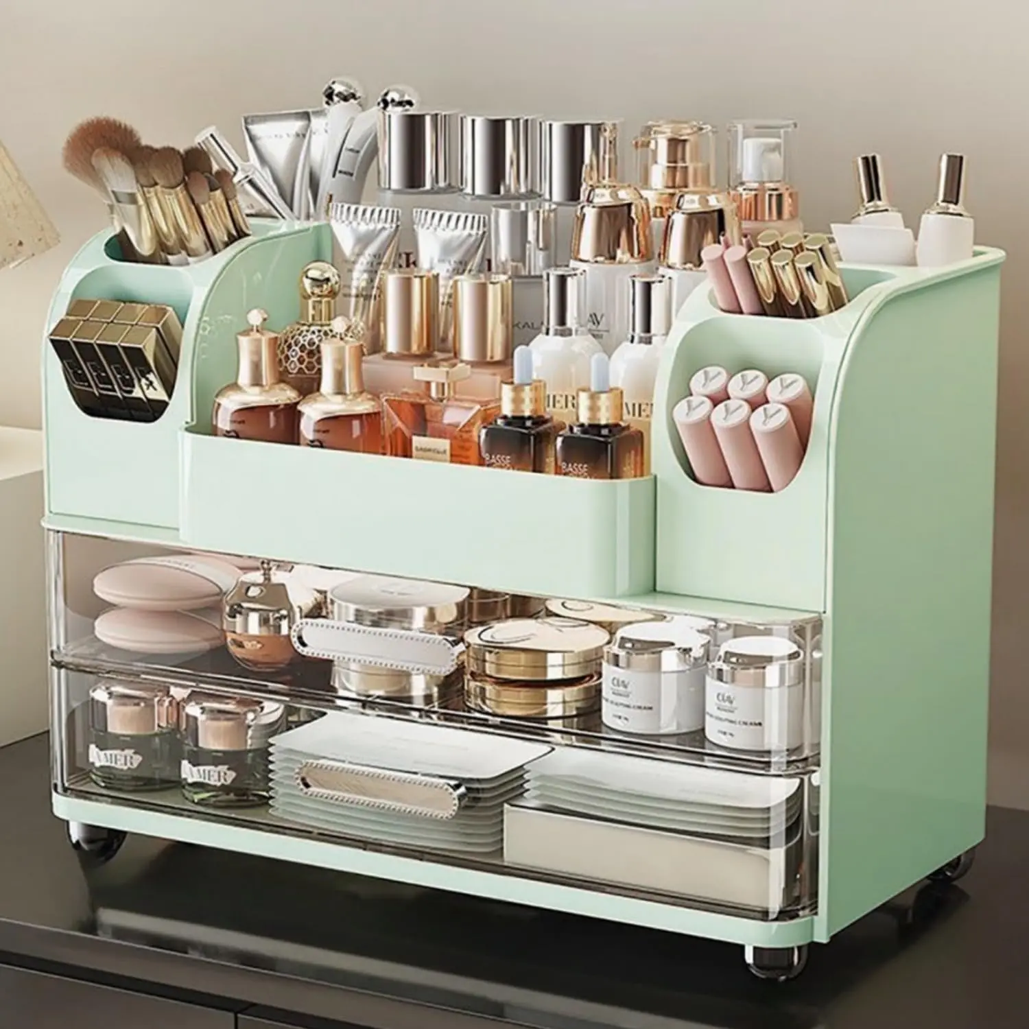 Makeup Organizer with Drawers for Vanity,Bathroom Countertop Organizer with Brushes Holder,Skincare Storage Organizer,  Display Case for Skincare,Lipstick and Beauty Essential (Green)