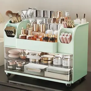 Makeup Organizer with Drawers for Vanity,Bathroom Countertop Organizer with Brushes Holder,Skincare Storage Organizer,  Display Case for Skincare,Lipstick and Beauty Essential (Green)