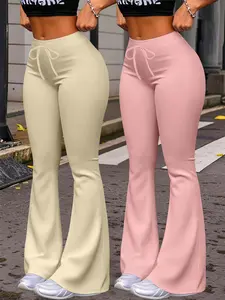 High Waist Wide Leg Gym Yoga Pants, Loose Comfortable Fit, Peach Color Butt Lifting Design, Drawstring Elastic Waistband, Fitness & Casual Wear, Sports Bottoms