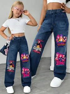 Teen Girls K-Pop cool and stylish Print Casual Denim Jeans, Loose Fit All-Season Fashion Clothing, Perfect Valentine Gift for Sisters