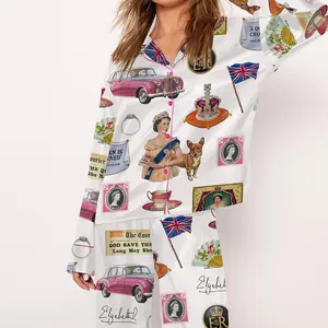 SHESHOW - Queen Elizabeth II Vintage Pajama Set For Women Print Comfy Satin Sleepwear & Loungewear Pjs Short Sleeve Top & Bottoms Shorts Without Pockets