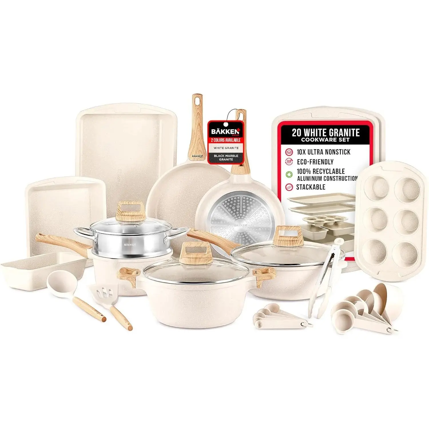 Bakken-Swiss 20-Piece Kitchen Cookware Set – Granite Non-Stick – Eco-Friendly – for All Stoves & Oven-Safe