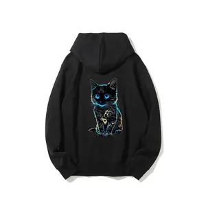 Glowing Neon Black Kitten Hoodie | Viral Glow Up Streetwear Must-Have Hoodie, no fleece lining