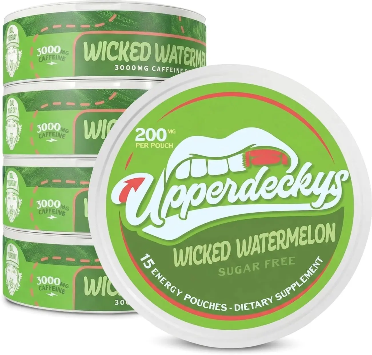Upperdeckys Caffeine Energy Pouches - 200mg Caffeine Supplement for Energy and Focus - Wicked Watermelon Nicotine Free Gym Supplements for Men & Women - No Jitters, No Crash & Dip Alternative - 5 Pack