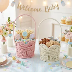 2 Pcs Baby Shower Basket with Handle Woven Wicker Bow Wedding Basket for Treasure Storage Gathering Foraging Wedding Birthday Party Baby Shower, Pink White, 11" x 6"x 6"