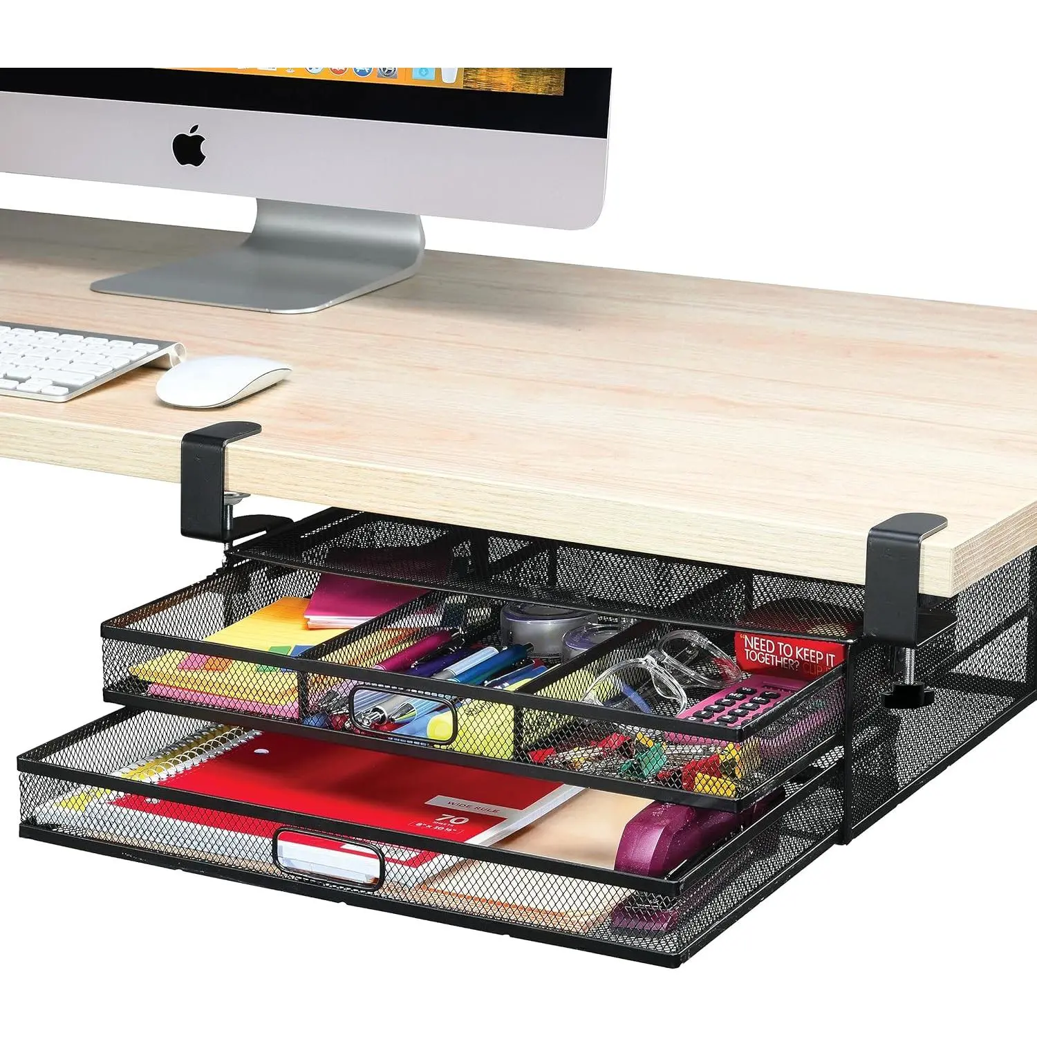 Under Desk Drawer Organizer Clamp-On, Mesh Metal Desk Drawer Attachment, 2 Drawer Slide Out, On Desk Or Under Desk Organizer For Office Supplies & Home Essentials (2 Drawers)