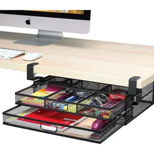 Under Desk Drawer Organizer Clamp-On, Mesh Metal Desk Drawer Attachment, 2 Drawer Slide Out, On Desk Or Under Desk Organizer For Office Supplies & Home Essentials (2 Drawers)