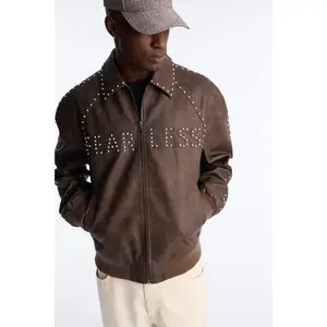 Fearless Victory Faux Leather Studded Bomber Jacket - Brown
