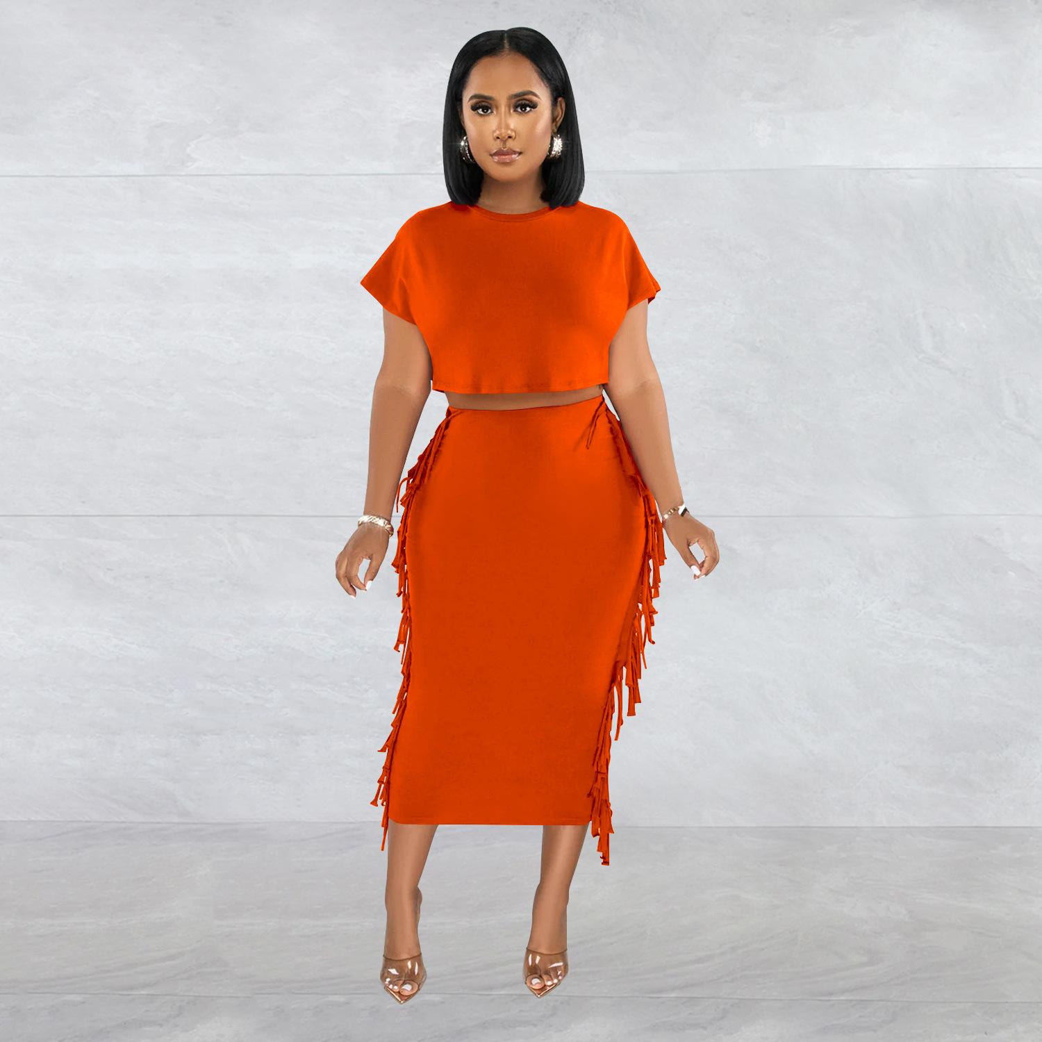 FashionableStyle Solid Color Fringe Round Neck Short Sleeve Long Dress Two-Piece Set