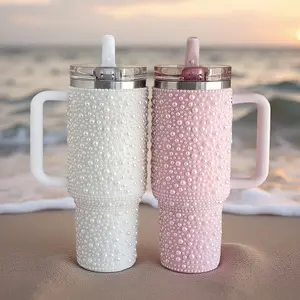 1pc 40oz  tumbler Light Luxury Pearl Full Diamond Ice Dominator Cup with Handle Straw Stainless Steel Insulated Cup High-Beauty Coffee Cup Car Mount Large Capacity Travel Water Cup