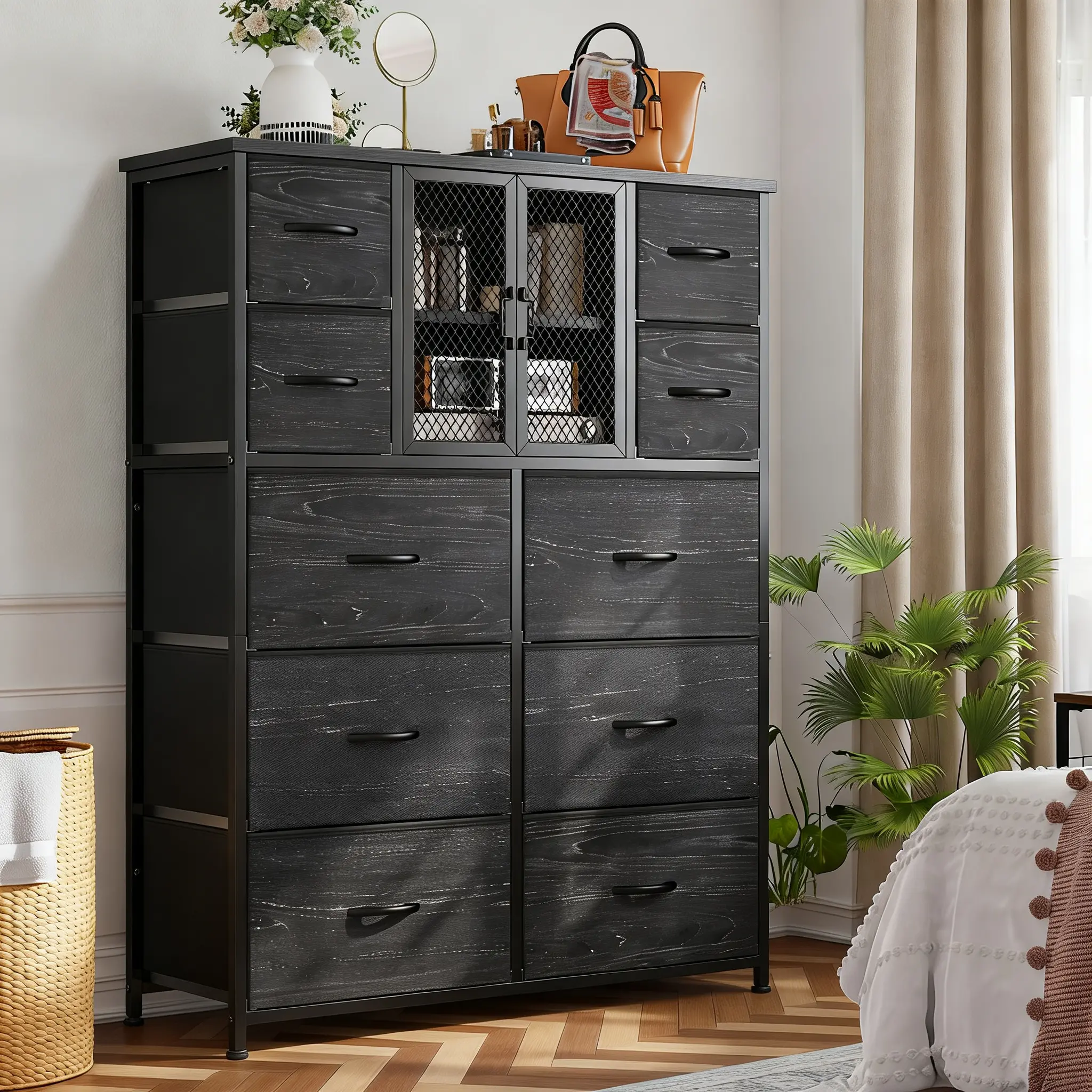 【Storage Cabinet】Raybee Heavy-Duty 10 Drawers Dresser for Bedroom,Thickened Board Material,Fabric Tall Dresser & Chests of Drawers with Metal Mesh Door,Organizer,drawerstorage in Cabinet,homedecor Furniture,easy assemble,38"W x 11.81"D x 48.1"H