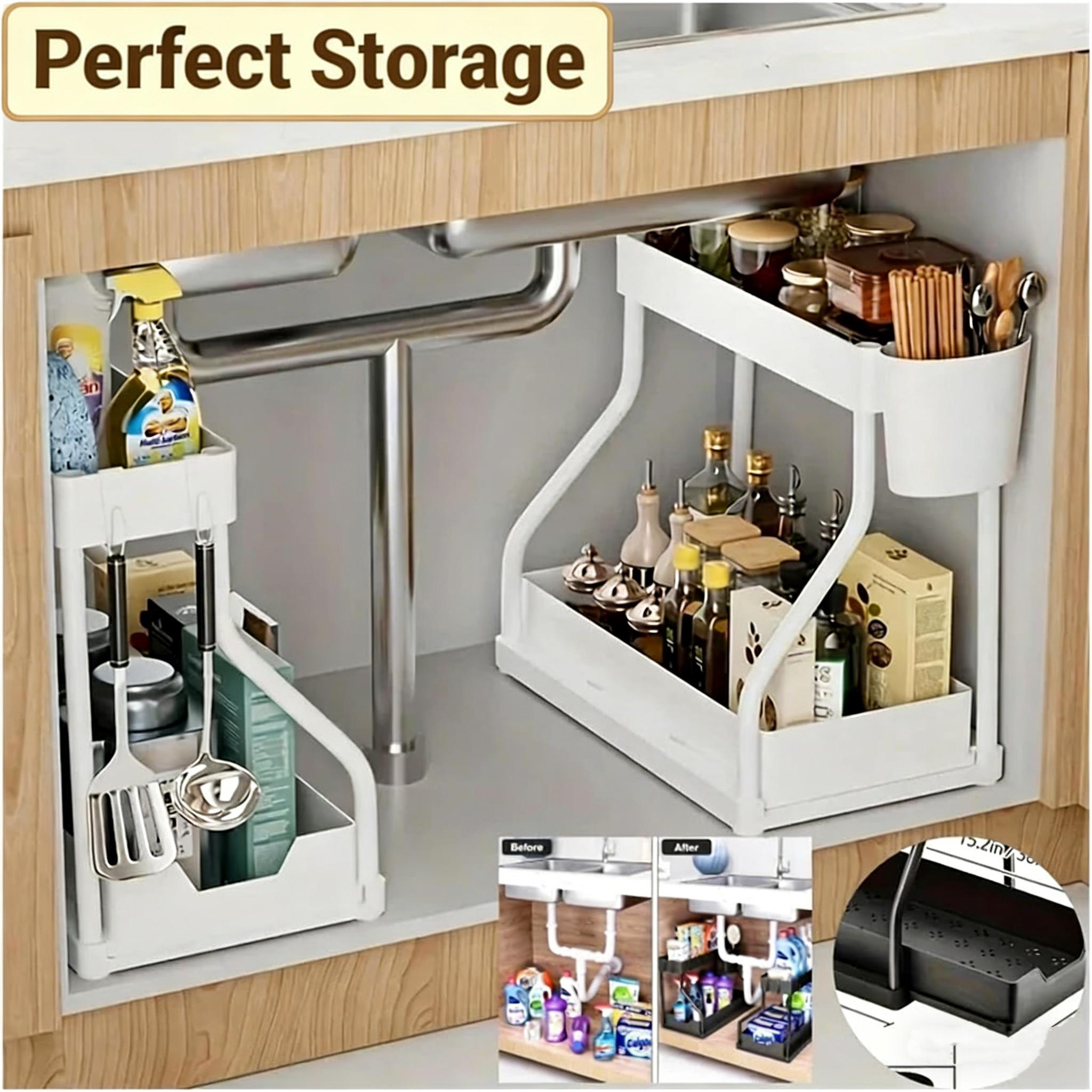 2-Tier Under Sink Organizer with Side Holder | Slide-out Kitchen Storage Rack with Hooks | Multi-use Carbon Steel Cabinet Organizer for Kitchen Bathroom #UnderSinkOrganizer #KitchenOrganization