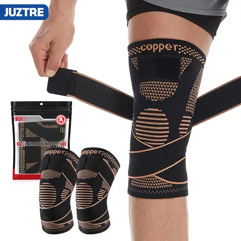 Copper knee pads with straps, compression-type elastic knee pads, used for knee support and stability, sports knee pads, patella knee pads, suitable for sports and fitness protection as well as daily use