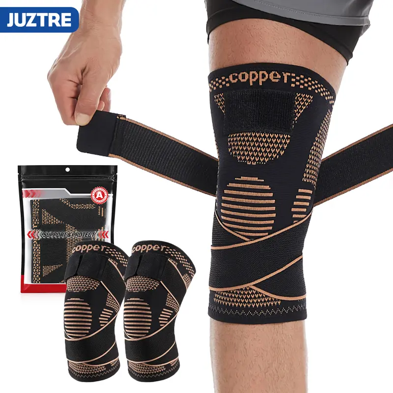 Copper knee pads with straps, compression-type elastic knee pads, used for knee support and stability, sports knee pads, patella knee pads, suitable for sports and fitness protection as well as daily use