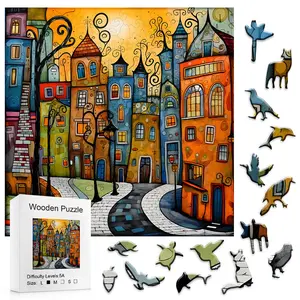 Whimsical Colorful Town Wooden Puzzle 5A Difficulty Artistic Cityscape Jigsaw for Kids & Adults Unique Design