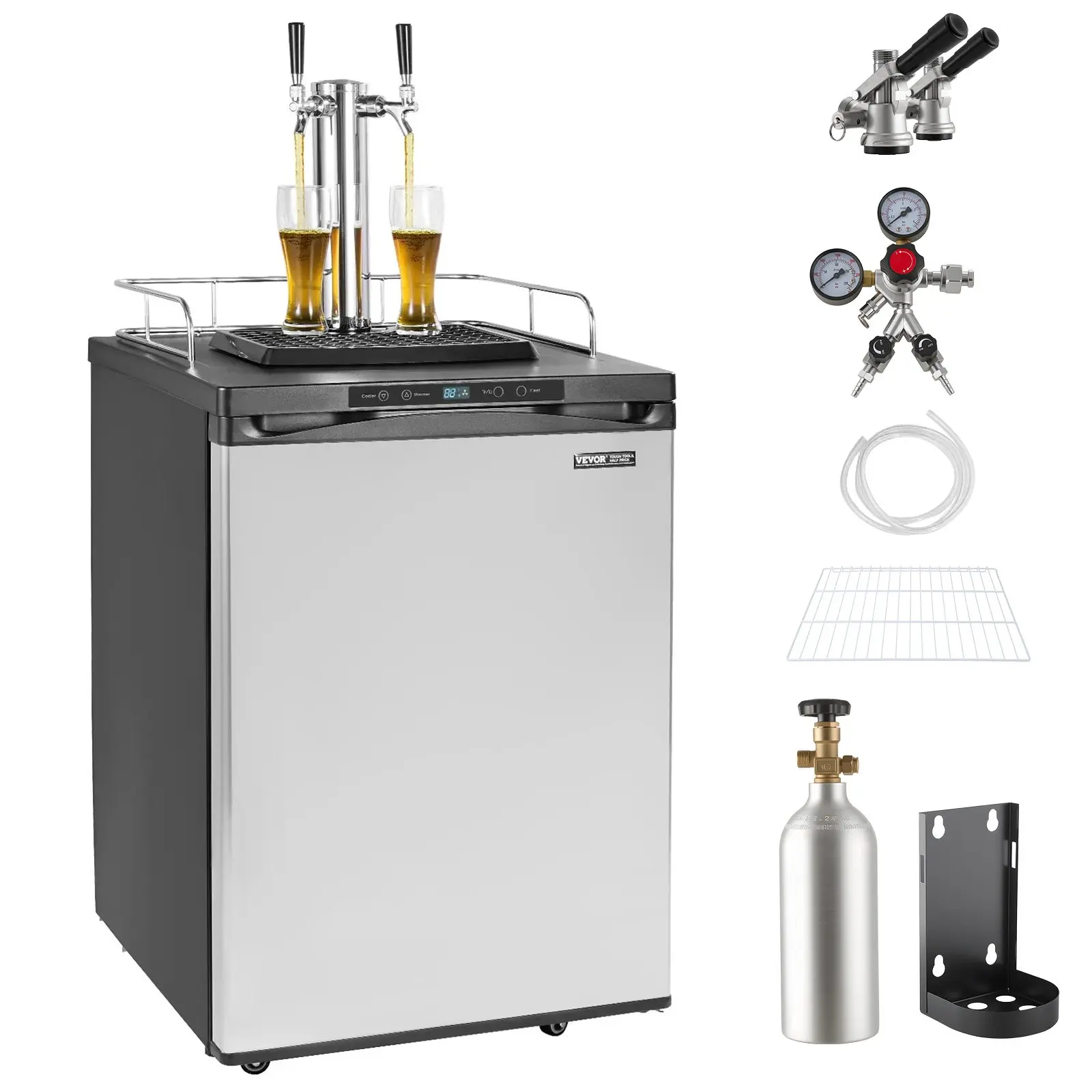 VEVOR Dual Tap Beer Kegerator, Full-Size Cooling Refrigerator (162L, Silver) with Shelf, CO2 Tank (No Gas), Drip Tray Rail, 23F-82.4F Temperature Control