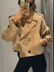Women's Lady Windbreaker Collared Beige Cropped Long Sleeve Trench Coat Double Breasted Jacket With Belted Waist Shoulder Vintage Casual Women's Layered Outerwear Fashion Coat, Womenswear