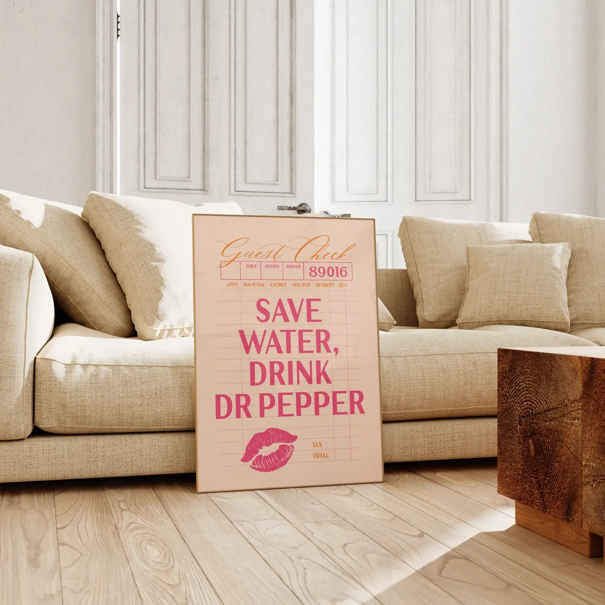 Guest Check Dr Pepper Wall Art Print, Girly Aesthetic Kitchen Poster, Pink and Orange Trendy College Apartment Decor, Room Decor, Unframed