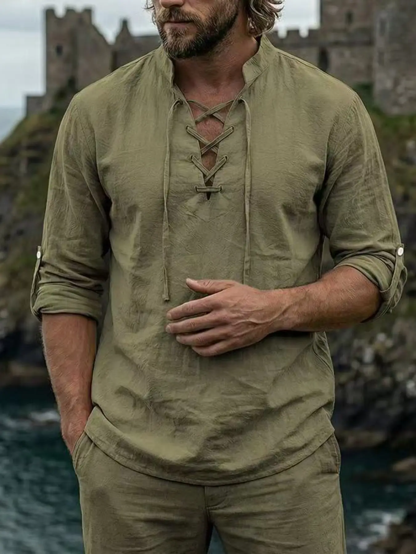 Spring and Autumn men's stand-up collar loose casual long-sleeved Henry shirt, medieval retro linen drawstring T-shirt, suitable for daily wear, vacation and outdoor sports and leisure, essential items for trendy and fashionable men's wardrobes