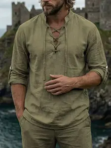 Spring and Autumn men's stand-up collar loose casual long-sleeved Henry shirt, medieval retro linen drawstring T-shirt, suitable for daily wear, vacation and outdoor sports and leisure, essential items for trendy and fashionable men's wardrobes