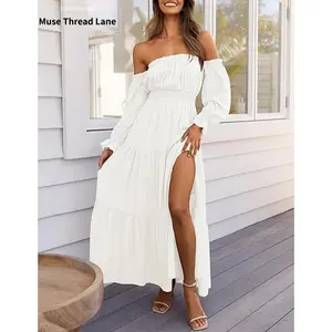 2026 Bohemian Sexy Off-Shoulder Long-Sleeve Ruched High-Waisted Side-Slit Flowing A-Line Layered Maxi Dress