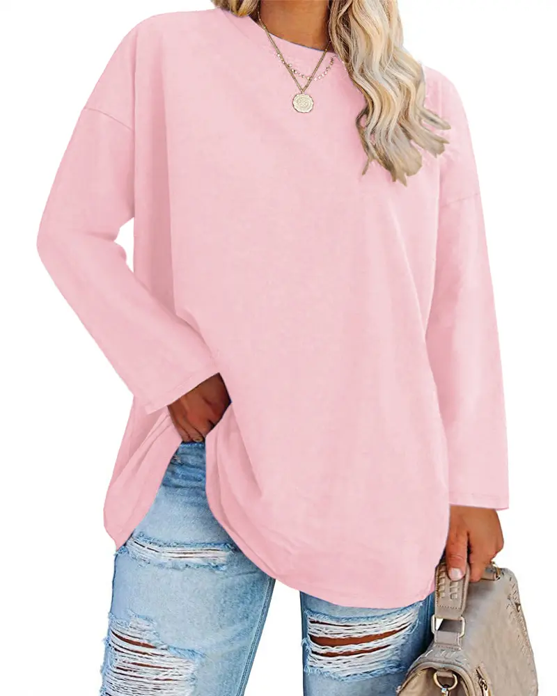 Danedvi Women's Plus Size Casual Solid Long Sleeve Tunic Top, Comfortable Loose Fit Round Neck Shirt