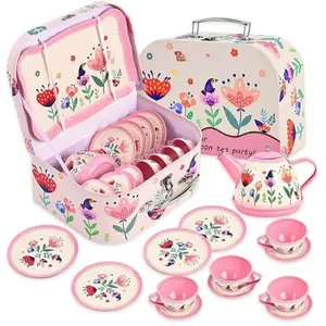 Floral Tea Party Set for Little Girls Ages 3-6, 15-Piece Pretend Play Kitchen Toys with Teapot, Cups, Plates & Storage Case, Princess Gift Set (Pink)
