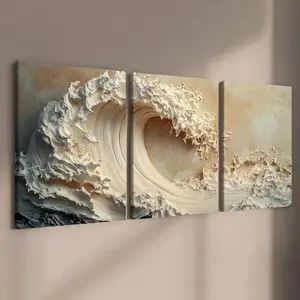 3-Piece Wooden Frame Canvas Prints Wall Art Set, Beach Landscape Sea Wave Poster, Nature Scenery Decor for Living Room & Bedroom