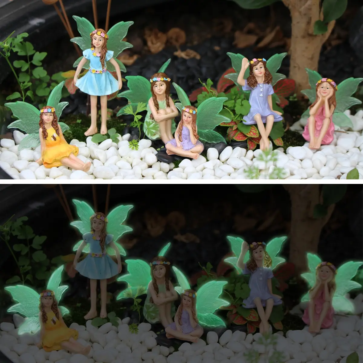 6pcs Glow-In-The-Dark Fairy Wing Resin Statue Insert Doll Figurines, Collectible Figurine, Figurine Set, Four Seasons Garden Pot Bonsai Decoration, Christmas, Valentine's Day, Wedding