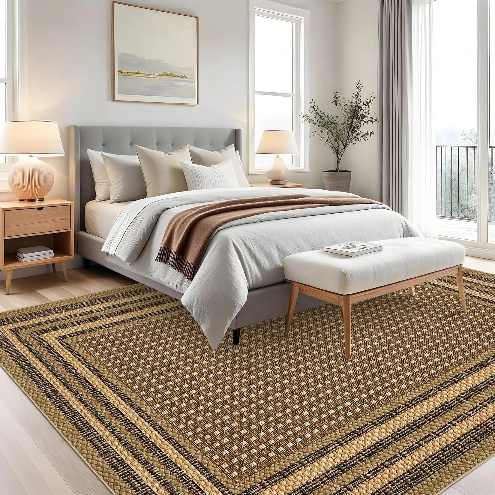Washable Foldable Printed Carpet, Modern Linen Frame, All-Room Rug, Light Brown