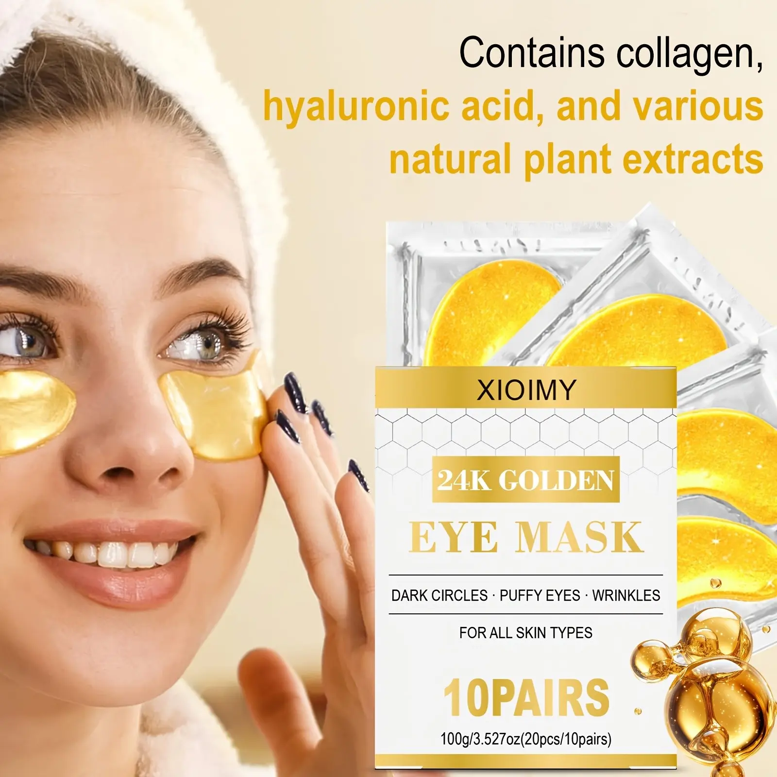 20pcs 24k Collagen Gold Eye Masks, Under Eye Patches, Reduce Dark Circles, Hides Dark Circles, Skincare, Anti-Wrinkle, Deeply Nourish Eye Area, Hyaluronic Acid, Panthenol