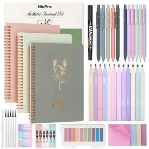 Nicpro 50PCS Cute Spiral Notebook Stationary Set For Women, Bible Journal Set, 3PCS A5 Spiral Notebook, Gel Pens, Sticky Notes & Tabs, Gift Box, Mechanical Pencils for Study Aesthetic School Supplies