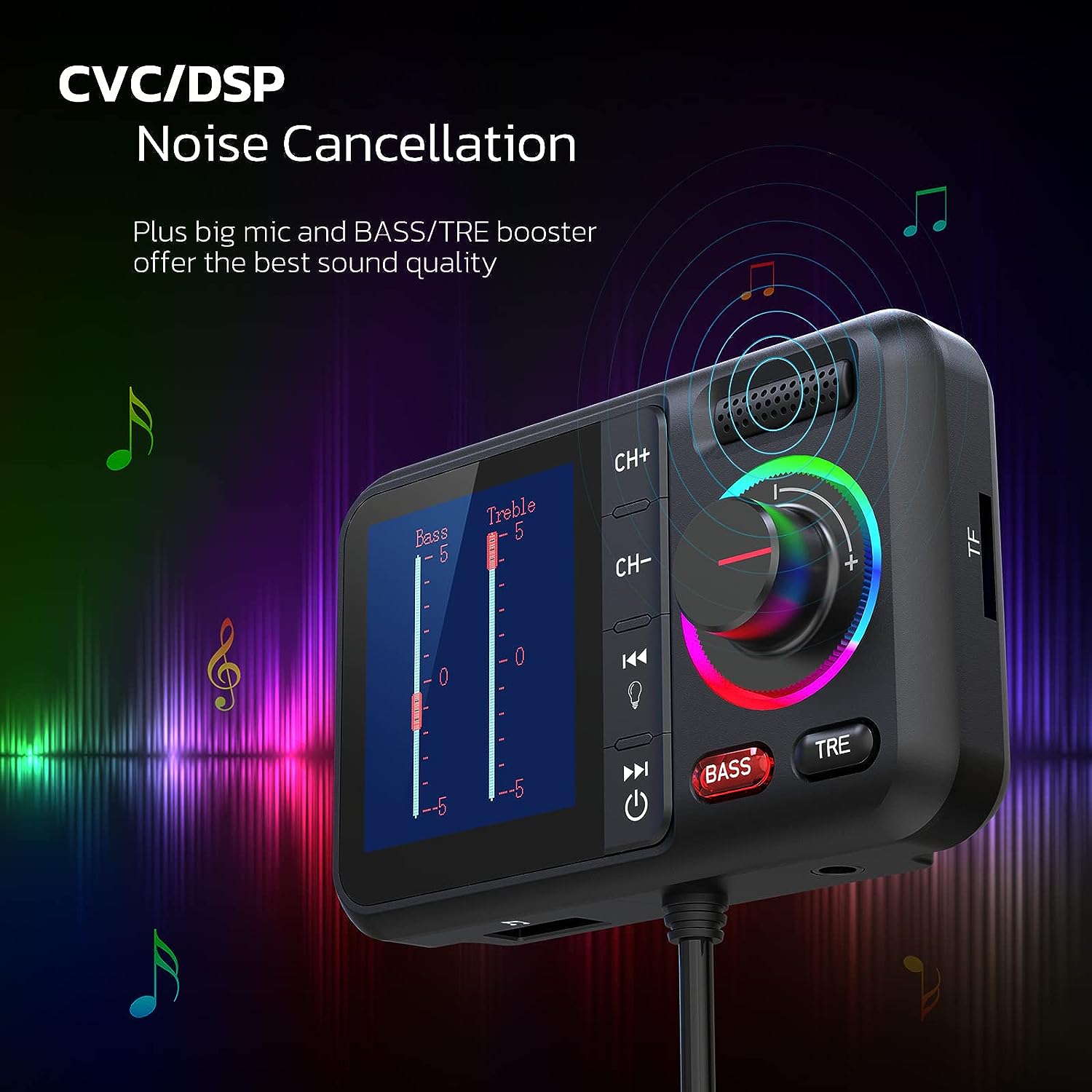 Universal Car Bluetooth 5.0 FM Transmitter & Adapter | Wireless Music Receiver for All Cars | TF/USB/Aux Play 4 Modes | QC3.0 Dual USB Fast Charging Port with Colorful Display Adjustable Power Supply carplay adapter Compact Real-Time GPS Radar Detector
