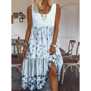 Summer Comfortable Women'S Bohemian Sleeveless Dress, Casual Outdoor Floral Printed Round Neck Cover Up Vest Dress(Sheet)