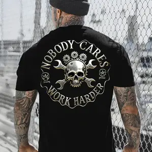 NOBODY CARES WORK HARDER Mechanical Skull Print Men's T-shirt, Top Menswear, Casual Streetwear, Cotton Fabric Tshirt, Classic Tee