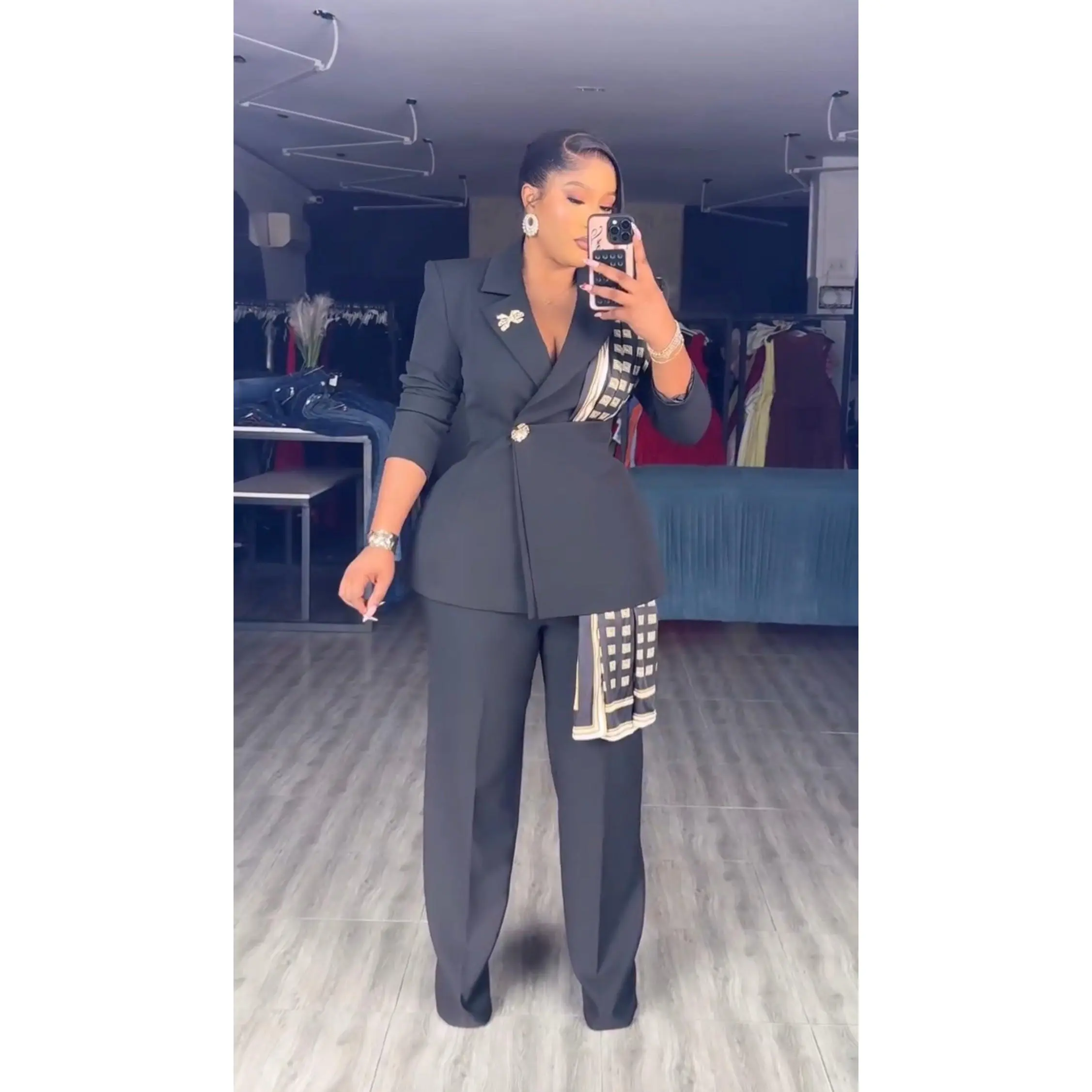 Elegant Women's Black 2-Piece Suit Set, Asymmetric Scarf Wrap Blazer & Wide-Leg Pants for Graduation Dinner Wedding Sunday Service Birthday Cocktail Easter Outfit