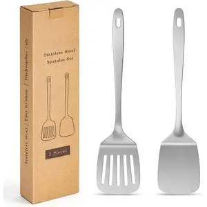 2PCS Metal Spatula Set - Stainless Steel Spatula Solid & Slotted Turner Flipper for Kitchen Use, Heat Resistant Kitchen Cooking Utensils for Flipping Fish, Eggs, Pancakes, Dishwasher Safe