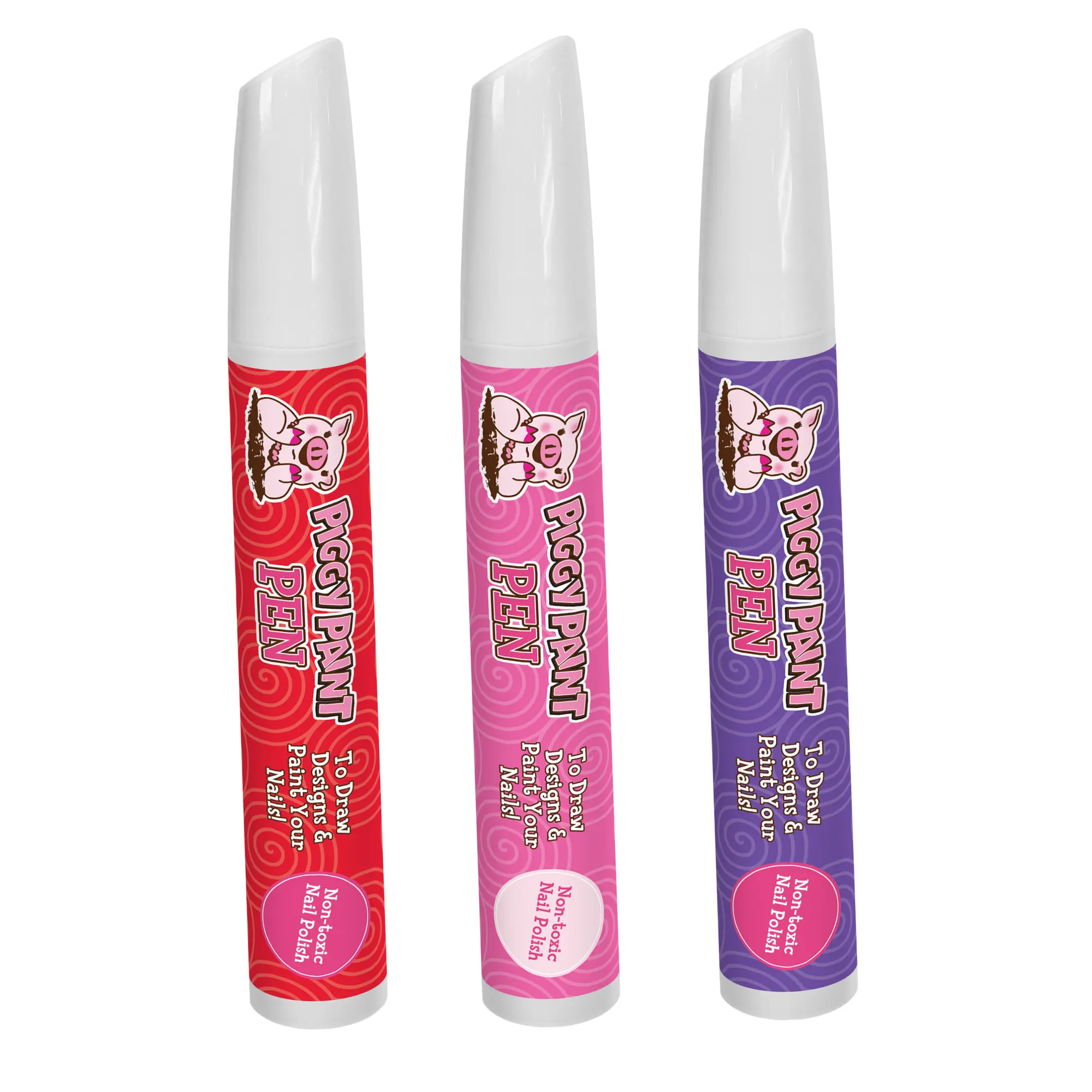 Lovebug Hug 3-Pack Piggy Pen Bundle - Festive Red, Pink & Purple Nail Art Pens for Kids - Non-Toxic Vegan & Cruelty-Free